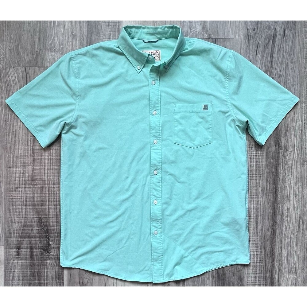 Huk Kona Shirt Mens Medium Green Fishing Performance Stretch Button Down Solid